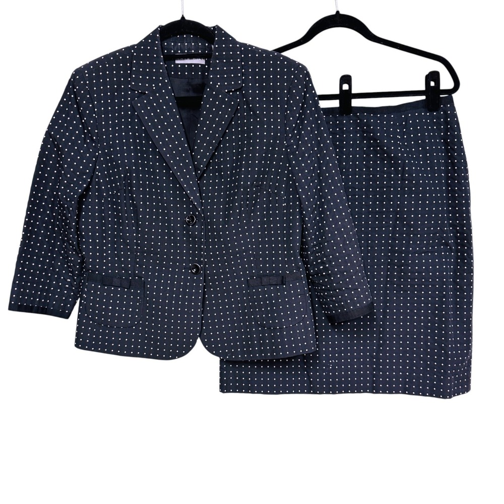 Kate Hill Vintage Skirt Suit Set , Sz 10, Navy & White Dots Silky Cotton Blend